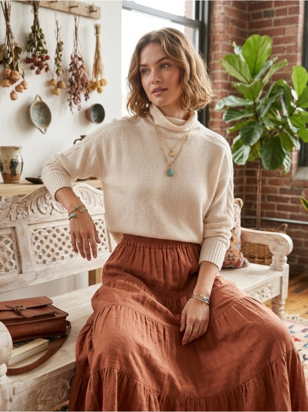 Anthropologie ✨ Cozy Cream Cable Knit Cashmere Pullover Turtleneck Sweater✨